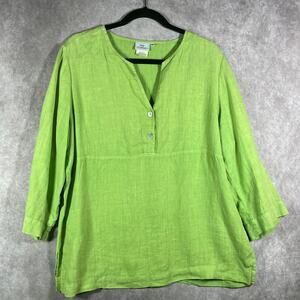 Hot Cotton Top Womens XL Green Linen Long Sleeve V-Neck Tunic Casual‎ Minimalist